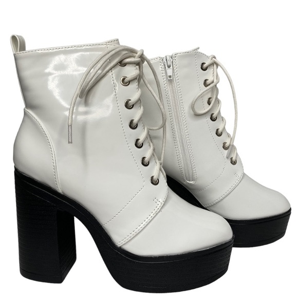 ALLEGRA K White Patent Leather Platform Lace Up Chunky Heel Combat Boots, 7.5 - Picture 3 of 13